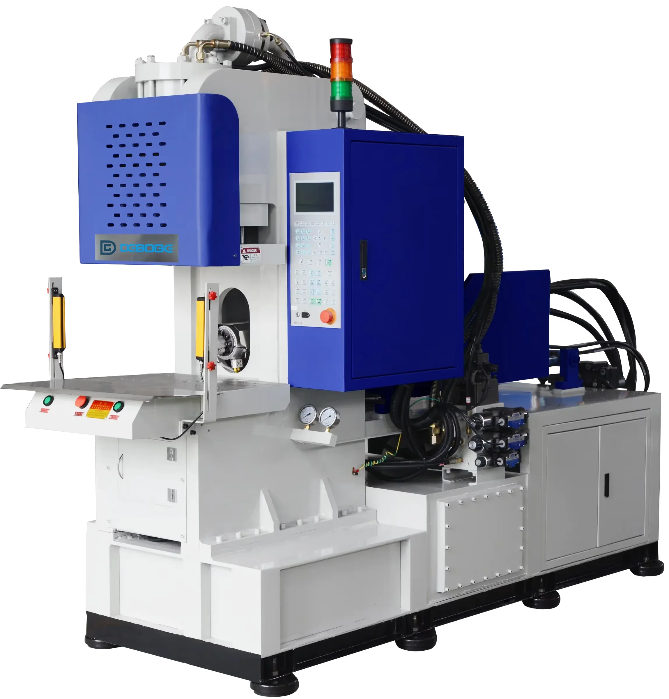 Tie-bar-less vertical clamping machine with open working area for insert loading