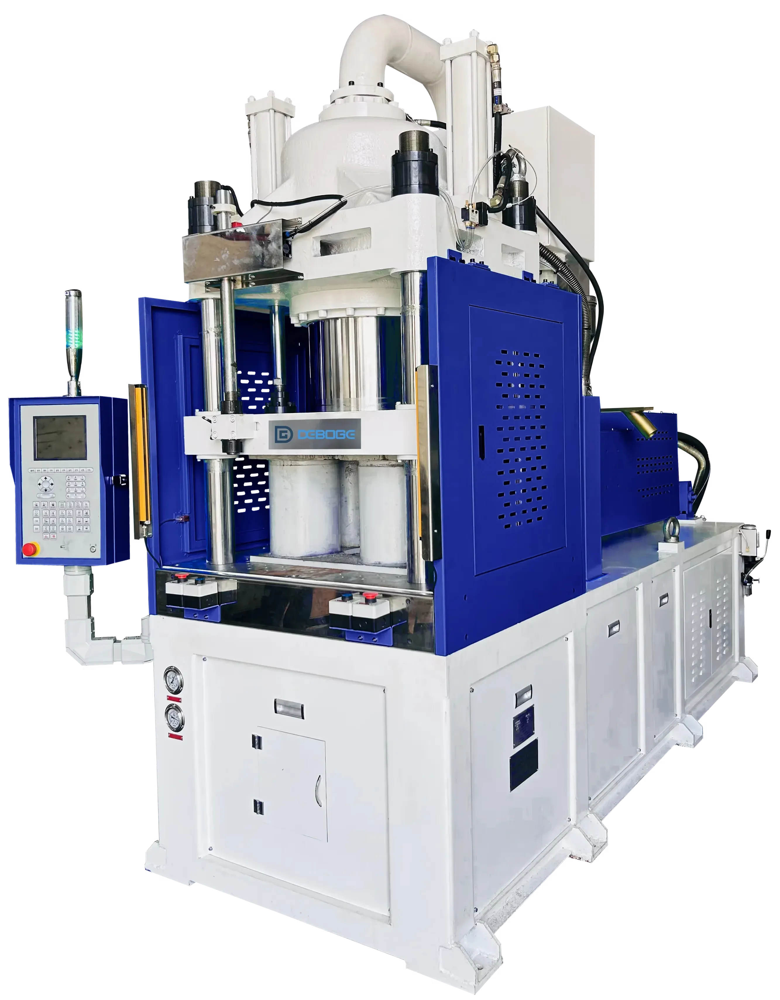 Vertical clamping horizontal injection machine for larger insert and industrial molding needs