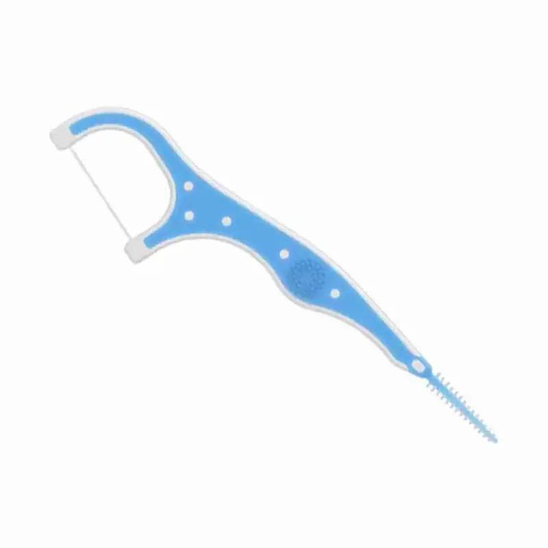 Blue-and-white dental floss pick with a textured handle and a narrow pick end