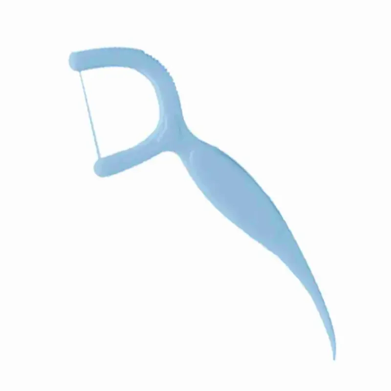 Light-blue dental floss pick with a curved toothpick handle