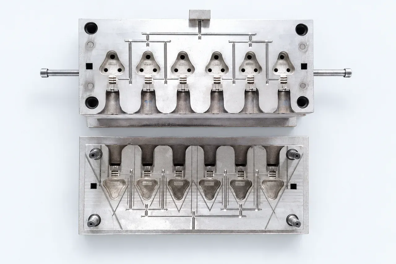 Six-cavity plug mold with visible runner channels and separate mold components.
